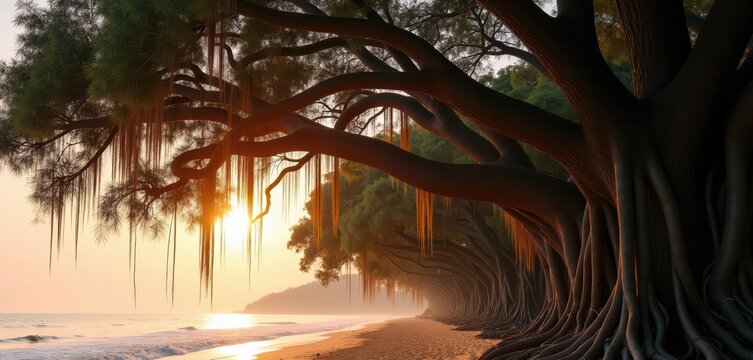 Banyan tree landscape in dramatic sunset tones representing coastal calm and contemplative escape [with copy space]