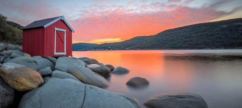 Serene Sunset Over Calm Lake with Remote Red Boathouse and Majestic Boulder in Nature s Embrace