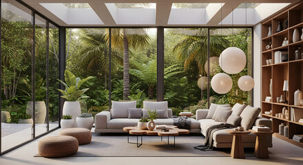 Fototapeta premium Contemporary living room with floortoceiling windows and lush tropical garden view