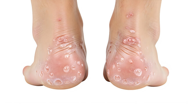 Feet with small white pebbles or crystals