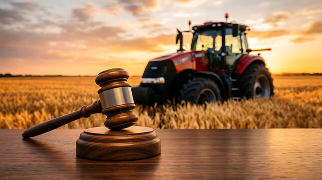 Wooden judge gavel on a table with a red tractor in a wheat field at sunset representing agricultural law and farming regulations.