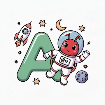 cute ant astronaut floating in space beside large letter A, smiling face, tiny rocket stars and moon, children educational illustration, pastel color palette, thick clean outlines, flat vector carto