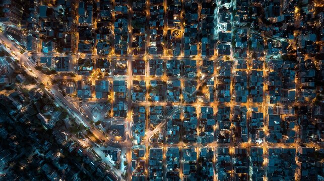 Top Down View of Urban City Grid with Warm Street Lights at Night