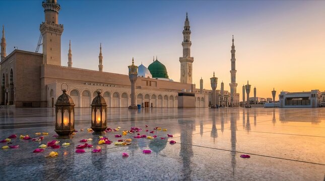 Milad un Nabi Maulid or Mawlid al Nabi Islamic background banner with Madina dome and gold lanterns