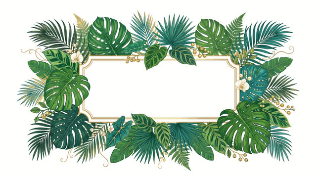 Tropical leaves and flowers frame with gold border on white background