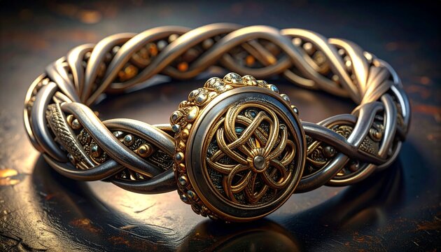 Twisted silver and gold Celtic torque bracelet with intricate knotwork detail on dark surface