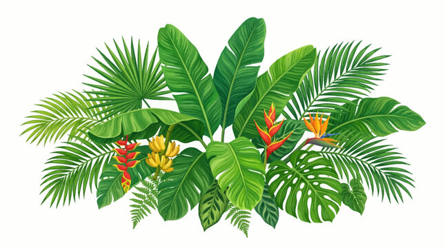 Tropical plants and flowers grow naturally in a lush environment outdoors