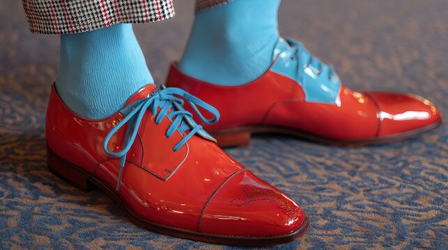 A close-up view of red patent leather shoes with blue laces and socks