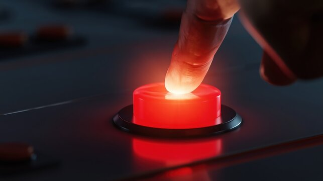 A human hand presses a glowing red launch button on a futuristic console. Dramatic lighting and reflections emphasize urgency and technological action.