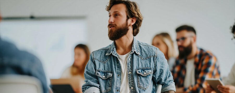 A startup team collaborates in a bright minimalist pitch meeting. Clean presentation visuals, laptops, and teamwork create a calm and confident workspace atmosphere.