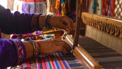 Fototapeta premium Peruvian woman weaving colorful textiles on traditional wooden loom