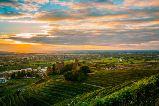 Aerial view of Rhine Valley at sunset with vineyard, castle and dramatic sky, Baden-W&uuml;rttemberg Germany