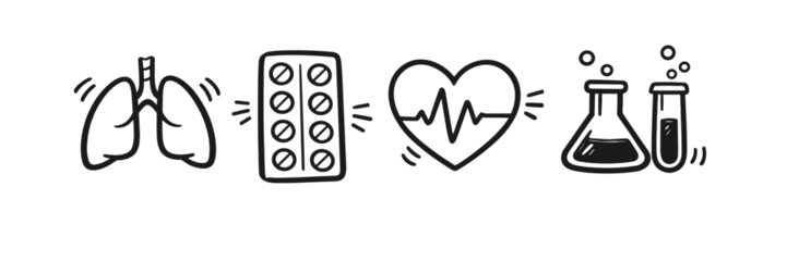 Lungs, medication, heartbeat, and lab equipment illustrations © supplement