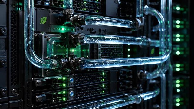 Sustainable data center cooling system with transparent liquid pipe tubing and green indicator status lights for efficient high performance server
