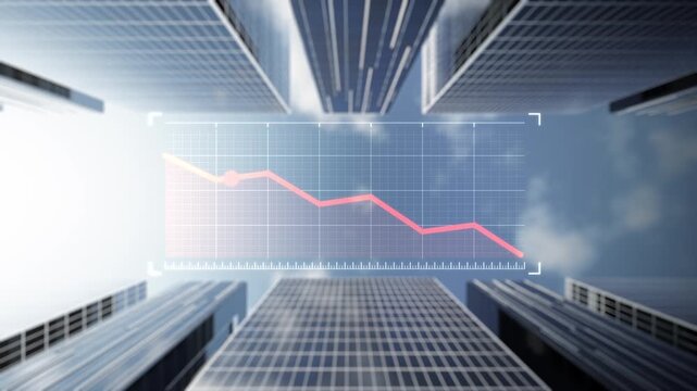 Downward-trending financial graph against modern skyscrapers. Reflective glass towers create urban backdrop symbolizing economic decline, market volatility, recession, and financial challenges.