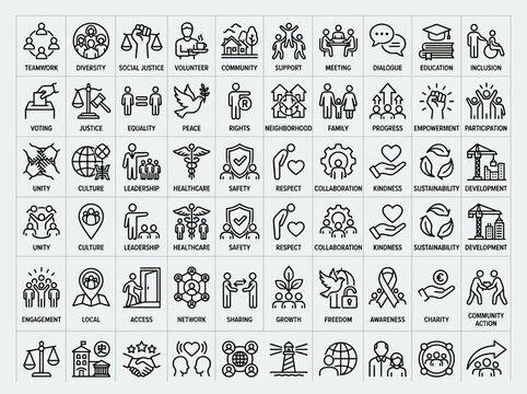 Comprehensive set of 60 social responsibility and community line icons representing values like justice, equality, peace, healthcare, and education for non-profit and humanitarian design projects.
