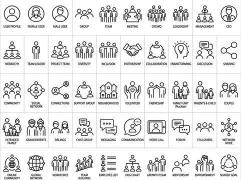 Comprehensive Set of Fifty Minimalist Line Icons Representing People, Business Teams, Social Connections, Family Structures, Leadership, and Communication Concepts for Web and Mobile UI Design.