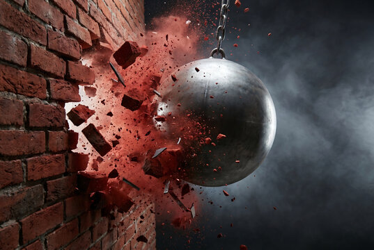 Heavy steel wrecking ball crashing through red brick wall
