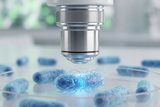 Electron microscope lens focusing on glowing bacteria microorganisms in laboratory