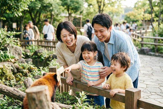 動物園でレッサーパンダを笑顔で見守る日本人家族と楽しそうな子供たち Generative AI
