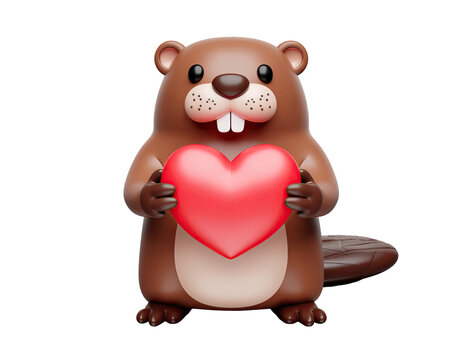 Cute 3D Beaver Holding a Red Heart
