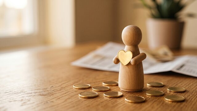 A wooden peg figure holding a tiny heart-shaped gold coin on a warm desk with coins, representing customer loyalty, reward and brand love.