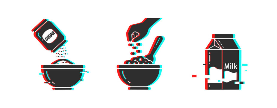 Sugar pouring, cereal serving, and milk carton kitchen icons. Glitch effect