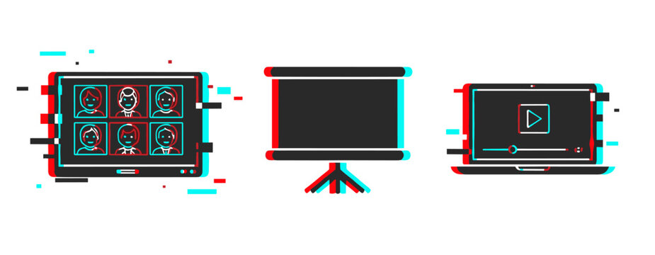 Multiple devices displaying virtual presentation and video playback. Glitch effect