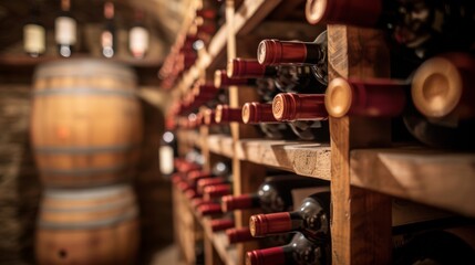 Obraz premium An old wine cellar illuminated by warm light, showcasing rows of vintage wine bottles and wooden barrels, invoking a sense of tradition and quality.