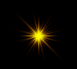 Fototapeta premium Radiating flare beam with yellow orange colours, abstract vector design, bright gold light effect, isolated composition, black background and modern graphic website illustration style