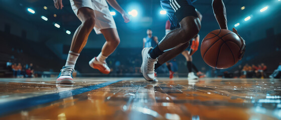 Fototapeta premium Professional basketball player dribbling ball on indoor court under bright arena lights. Dynamic sports action scene showing strength, focus, competition and high intensity athletic performance.