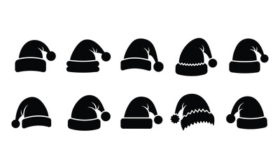 Fototapeta premium Set of black Santa Claus hat silhouettes isolated on white background for Christmas holiday graphic design elements and festive winter icons