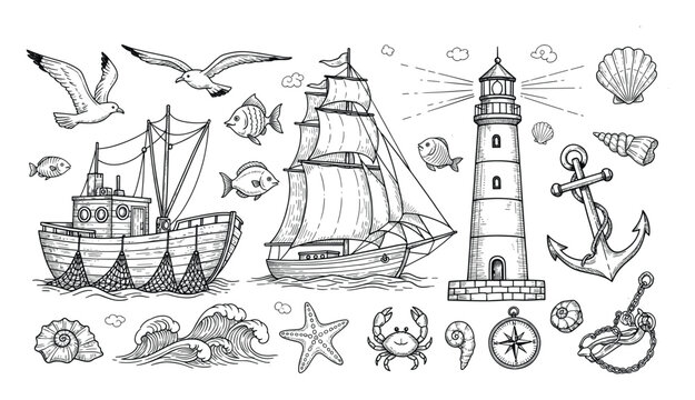 Hand drawn nautical maritime elements featuring sea creatures and ships for ocean themed designs
