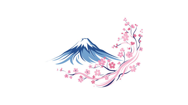 Colorful and creative line vector icon of Mount Fuji peak in Japan, showcasing the iconic snow capped volcano mountain with artistic clouds and minimalist design for global travel and tourism.