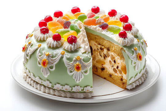 Traditional Sicilian Cassata Isolated on Pure White Background Showcasing Colorful Decoration and Delicious Layers