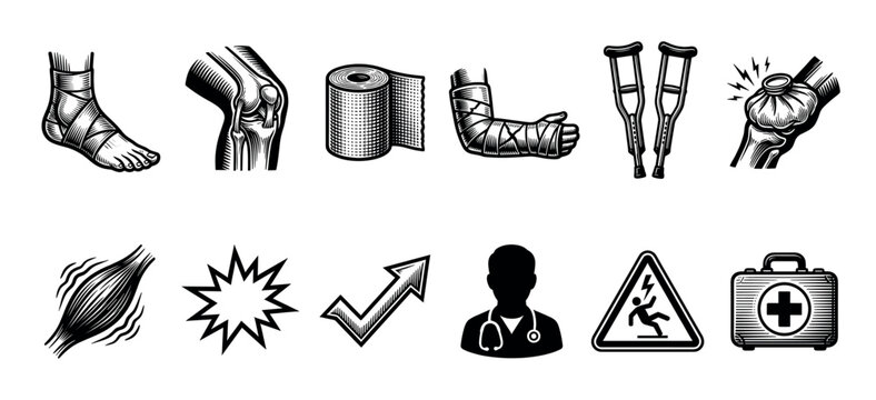 A collection of black and white line art icons depicting various medical injury and healthcare concepts, including bandages, crutches, and a doctor.