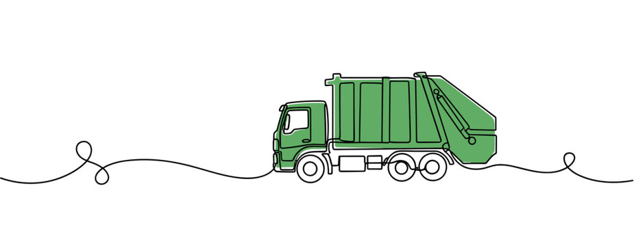 Garbage truck driving along road in simple linear illustration. no editable strokes