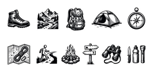 Obraz premium A collection of hand-drawn black and white illustrations depicting various outdoor adventure and camping equipment, perfect for travel and exploration themes.