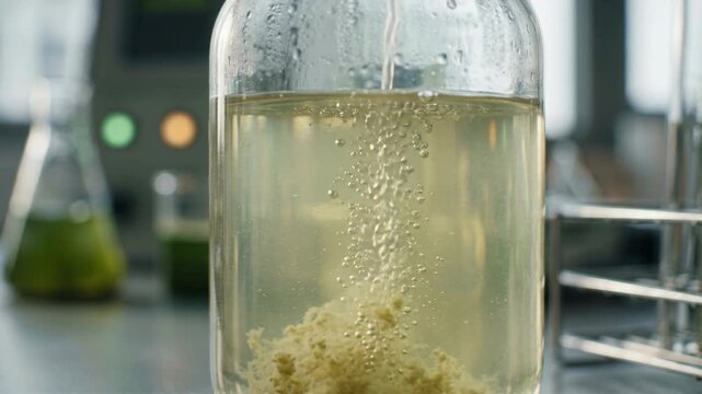 Microbial green chemistry fermentation jar with bubbling liquid and suspended biomass creating calm microbial lab reaction and chemical mixing glass