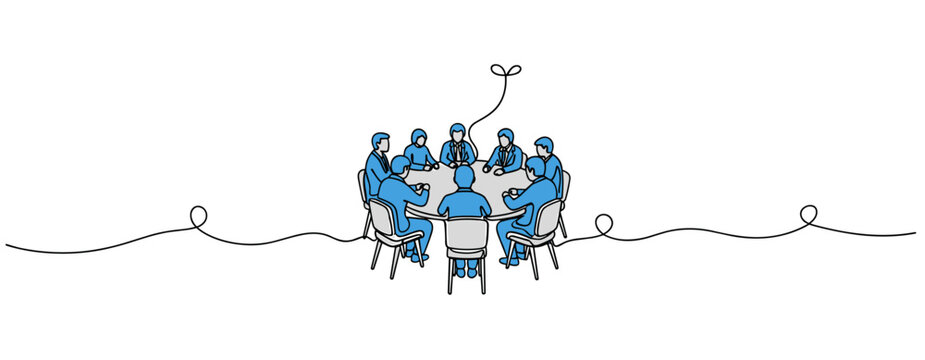 Team meeting sitting around table in continuous line illustration. no editable strokes