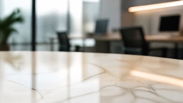 Polished marble tabletop reflecting abstract shapes with a blurred office environment in the background.