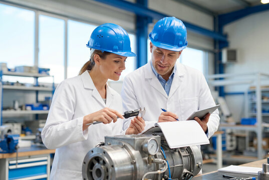 Two engineers inspecting machinery parts with callipers and a digital tablet