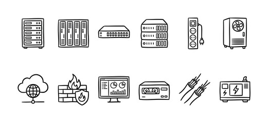 Fototapeta premium A collection of hand-drawn icons representing various computer network and technology elements like servers, firewall, and cables.