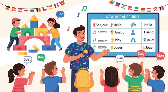 Teacher teaching English vocabulary to kids.