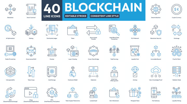 Blockchain Icon Set for Cryptocurrency App Interface, Blockchain Line Icons Collection for Web Dashboard and Digital Service