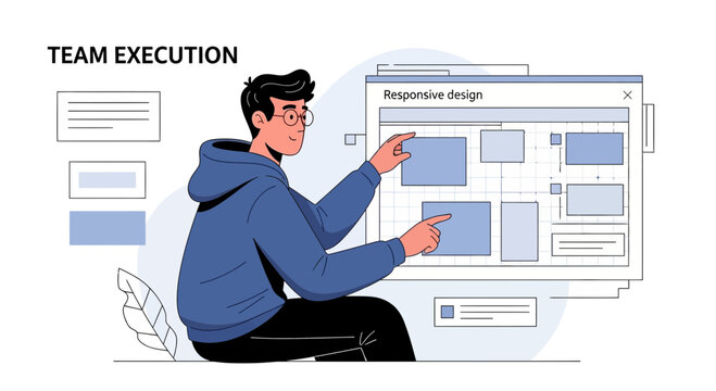 Young man analyzing web page layout and responsive design on screen