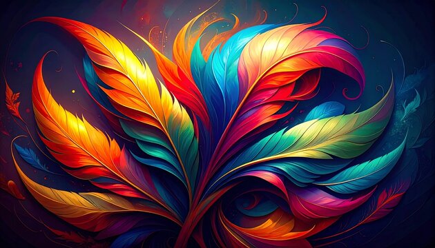 Vibrant feather pattern swirling in dark abstract background