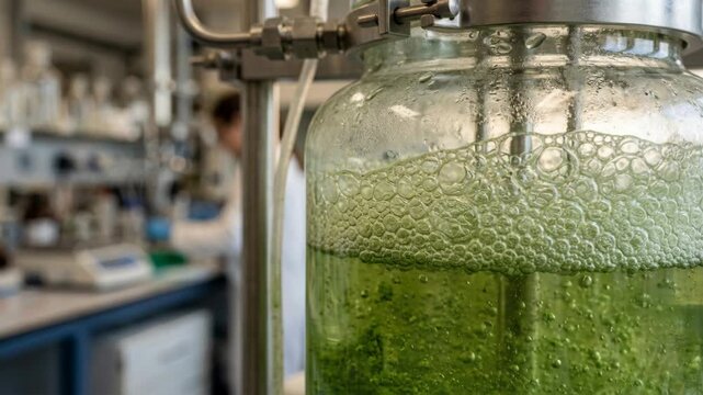 Microbial green chemistry laboratory bioreactor fermentation bubble glass vessel fermenter bubbling algae culture foam stirrer