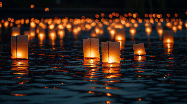 Japanese Obon Festival Toro Nagashi Glowing Paper Lanterns Floating on Dark River at Night