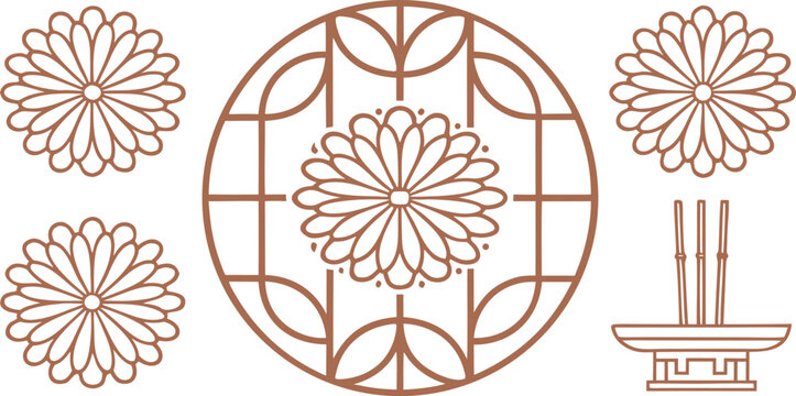 Minimalist japanese floral chrysanthemum and incense set